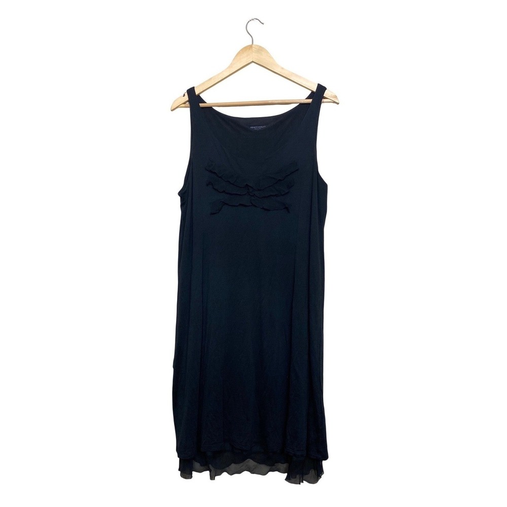 Eileen‎ Fisher Silk Cotton Ruffle Front Shift Dress Black Sleeveless Large